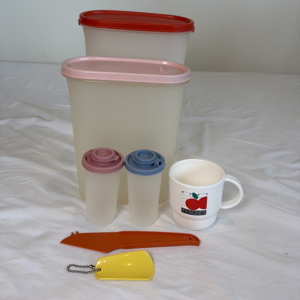Vintage Tupperware Kitchen Salt Pepper‎ Shoe Horn Containers Cup Cheese Slicer